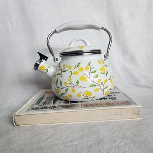 Crofton 2.3 Qt. Porcelain Enamel Teakettle, White With Lemon Vintage 50s Styled